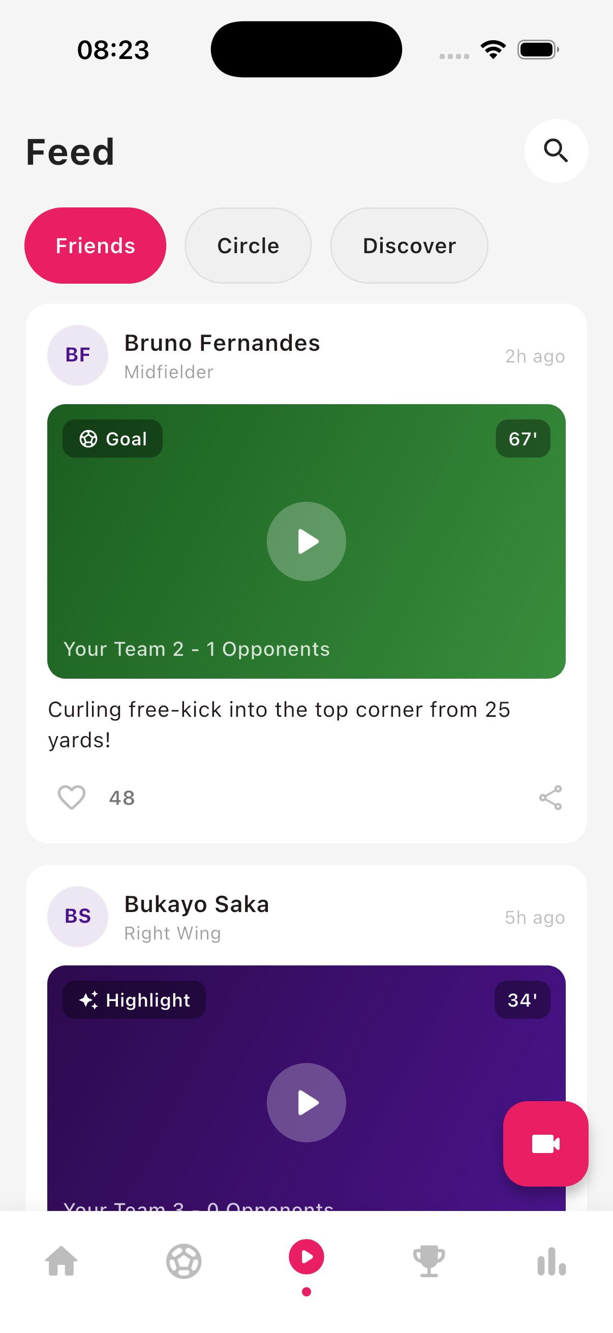 Player 1 app — social feed screen
