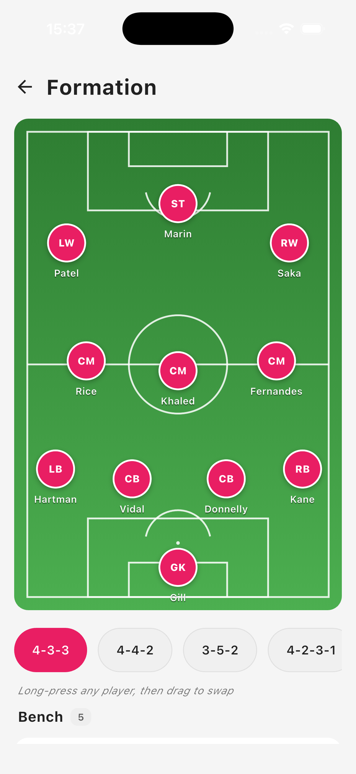 Player 1 app — manager tagging screen